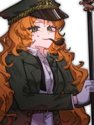 Rule 34 | 1girl, collared shirt, gloves, green eyes, green hat, green jacket, hat, holding, holding weapon, ishmael (project moon), jacket, limbus company, long hair, looking at viewer, military hat, military uniform, necktie, odamarinasai, orange hair, parted lips, project moon, shirt, simple background, smile, smoking pipe, solo, sweat, undone necktie, uniform, very long hair, weapon, white background, white gloves, white shirt