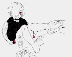 Rule 34 | 1boy, 1girl, bare legs, barefoot, blush, bottle, character name, choker, clenched teeth, disembodied hand, earrings, embarrassed, eyelashes, fang, feet, feet up, foot focus, grey background, hair over one eye, hands up, highres, holding another&#039;s foot, hood, hoodie, idolmaster, idolmaster cinderella girls, jewelry, k-rha&#039;s, leaning back, legs, medium hair, monochrome, nail polish, out of frame, parted bangs, pleated skirt, red eyes, red skirt, shirasaka koume, simple background, sitting, sketch, skirt, sleeves past fingers, sleeves past wrists, unworn socks, soles, solo focus, spot color, stud earrings, sweatdrop, teeth, thighs, toenail polish, toenails, toes, water bottle