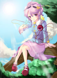 Rule 34 | 1girl, bad id, bad pixiv id, bird, female focus, full body, ghost-cure, hairband, heart, highres, komeiji satori, nature, outdoors, purple eyes, purple hair, short hair, sky, solo, touhou