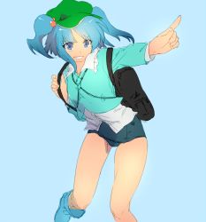 Rule 34 | 1girl, adapted costume, alternate costume, asuna (i luv), backpack, bag, blue background, blue eyes, blue hair, boots, colorized, hair bobbles, hair ornament, hat, kawashiro nitori, key, long sleeves, matching hair/eyes, one-piece swimsuit, outstretched arm, pointing, rubber boots, school swimsuit, shirt, short hair, simple background, sketch, smile, solo, swimsuit, touhou, twintails, two side up