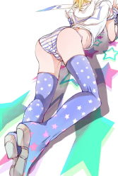 Rule 34 | 1boy, ass, blonde hair, boots, feathers, head out of frame, hood, hoodie, johnny joestar, jojo no kimyou na bouken, male focus, maosanmu, no pants, panties, solo, steel ball run, striped clothes, striped panties, thigh boots, thighhighs, trap, underwear