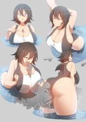 Rule 34 | 1boy, 1girl, ass, between breasts, between thighs, black hair, blue eyes, breasts, cleavage, collarbone, commission, destruction, giant, giantess, grey background, huge breasts, lighthouse, military, military vehicle, multiple views, one-piece swimsuit, original, pixiv commission, shark girl, ship, short hair, simple background, size difference, soia180, solo focus, swimsuit, warship, watercraft