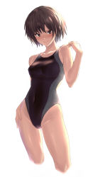 Rule 34 | 1girl, absurdres, amagami, backlighting, black eyes, black hair, black one-piece swimsuit, blush, breasts, closed mouth, collarbone, commentary request, competition swimsuit, contrapposto, covered navel, cowboy shot, cropped legs, grey one-piece swimsuit, groin, hand on own hip, hand on own shoulder, hand up, head tilt, highleg, highleg swimsuit, highres, hip focus, light smile, looking at viewer, medium breasts, multicolored clothes, nanasaki ai, one-piece swimsuit, shiny skin, short hair, simple background, smile, solo, standing, swimsuit, thighs, ulrich (tagaragakuin), v-shaped eyebrows, wet, white background