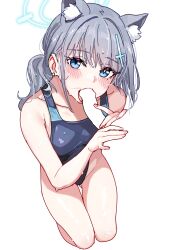 Rule 34 | 1girl, absurdres, animal ears, blue archive, blue eyes, blush, breasts, censored, competition swimsuit, cross hair ornament, disembodied penis, ear piercing, extra ears, fellatio, grey hair, hair ornament, halo, highres, kneeling, looking at viewer, mismatched pupils, official alternate costume, one-piece swimsuit, oral, penis, piercing, ponytail, shiroko (blue archive), shiroko (swimsuit) (blue archive), simple background, sitting, small breasts, solo, swimsuit, taotao, white background, wolf ears