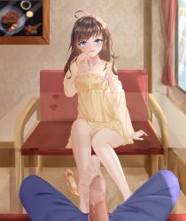 Rule 34 | 1girl, blue eyes, blush, breasts, brown hair, bulge, cleavage, cup, drinking glass, erection, erection under clothes, feet, flower, footjob, highres, jewelry, long hair, looking at viewer, necklace, open mouth, pov, precum, restaurant, see-through, see-through legwear, shoes, unworn shoes, soles, table, toes, torn clothes, torn legwear, wine glass, x-ray
