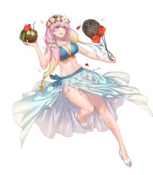 Rule 34 | 1girl, bare arms, bikini, blonde hair, blue eyes, blue nails, breasts, cleavage, coconut, earrings, feet, fire emblem, fire emblem heroes, flower, food, fruit, fruit cup, full body, gradient hair, gunnthra (fire emblem), hair flower, hair ornament, highres, jewelry, kippu, large breasts, long hair, multicolored hair, nail polish, nintendo, official art, pink hair, sandals, solo, stomach, swimsuit, toenail polish, toenails, toes, transparent background, white footwear