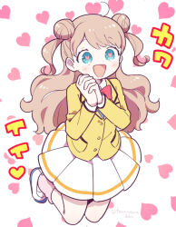 Rule 34 | 1girl, :d, blazer, blue eyes, blush, brown hair, double bun, full body, hair bun, hands up, heart, heart-shaped pupils, heart background, interlocked fingers, jacket, kanamori maria, kiratto pri chan, long hair, long sleeves, looking at viewer, open mouth, own hands together, pleated skirt, pretty series, school uniform, shoes, skirt, smile, solo, symbol-shaped pupils, terayamaden, two side up, white background, white footwear, white skirt, yellow jacket