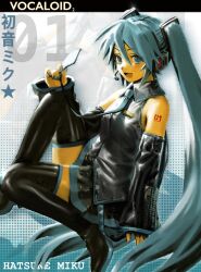 Rule 34 | 1girl, blue eyes, blue hair, boots, character name, collared shirt, copyright name, detached sleeves, hair ornament, hatsune miku, headphones, headset, highres, holding necktie, hott0g111, long hair, long sleeves, nail polish, necktie, open mouth, shirt, skirt, sleeveless, sleeveless shirt, smile, solo, thigh boots, twintails, very long hair, vocaloid, zoom layer