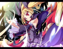 Rule 34 | 1girl, arc system works, armpits, bare shoulders, blazblue, blonde hair, breasts, buttons, cape, child, cowboy shot, dress, fingernails, letterboxed, long fingernails, long hair, pink eyes, purple dress, rachel alucard, red eyes, slit pupils, small breasts, solo, toraishi 666, tsurime