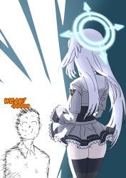 Rule 34 | 1boy, 1girl, black thighhighs, blue archive, clothes lift, commentary, doodle sensei (blue archive), english commentary, english text, frilled skirt, frills, gramslmao, grey serafuku, halo, head wings, highres, long hair, school uniform, sensei (blue archive), serafuku, single head wing, skirt, skirt lift, suzumi (blue archive), thighhighs, white hair, wings, zettai ryouiki