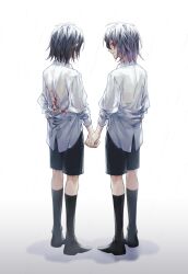 Rule 34 | 2boys, absurdres, black hair, black shorts, black socks, blood, blood on clothes, closed mouth, commentary request, dual persona, gradient hair, highres, holding hands, isoi haruki, jjeom, korean commentary, long sleeves, male focus, matching outfits, multicolored hair, multiple boys, no shoes, origin alpha, pink hair, red eyes, saibou shinkyoku, shirt, short hair, shorts, simple background, smile, socks, wet, white background, white shirt