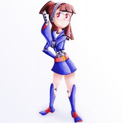 Rule 34 | 1girl, android, arm behind back, artist request, brown hair, humanoid robot, joints, kagari atsuko, little witch academia, long sleeves, mechanical parts, mechanization, red eyes, robot, robot ears, robot joints, simple background, smile, solo, standing, trigger (company), weapon