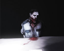 Rule 34 | 1boy, absurdres, black background, blood, commentary request, death, guro, highres, imawabi no dakini, onibi (foxhound4185), original, pocket, simple background, table, undead, uniform, upper body, zombie