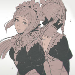 Rule 34 | 2girls, artist name, back, bow (weapon), felicia (fire emblem), fire emblem, fire emblem fates, flora (fire emblem), grey background, koyorin, long hair, maid, maid headdress, monochrome, multiple girls, nintendo, ponytail, siblings, simple background, sisters, twins, twintails, watermark, weapon, web address