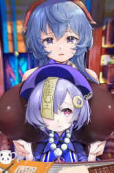 Rule 34 | 2girls, alternate breast size, bead necklace, beads, between breasts, blue hair, blush, grabbing another&#039;s breast, breast rest, breasts, cup, ganyu (genshin impact), genshin impact, grabbing, half-closed eyes, hat, highres, horns, jewelry, jiangshi, kntrs (knyrs), looking at viewer, multiple girls, necklace, panda, purple eyes, purple hair, qiqi (genshin impact), sweatdrop, talisman