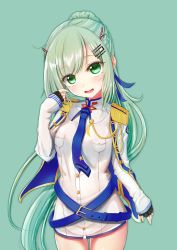 Rule 34 | 1girl, an shan (azur lane), azur lane, belt, blush, fingerless gloves, gloves, green background, green eyes, green hair, hair ornament, hairclip, horns, long hair, looking at viewer, military, military uniform, necktie, open mouth, ponytail, simple background, solo, uniform, west 24