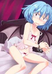 Rule 34 | 1girl, bad id, bad pixiv id, bat wings, bdsm, blue hair, bondage, bound, bound wrists, bow, bow panties, crying, crying with eyes open, cuffs, handcuffs, highres, lingerie, looking at viewer, navel, no headwear, no headwear, on bed, open mouth, panties, pillow, red eyes, remilia scarlet, scared, short hair, solo, strap slip, tasuki seiichi, tears, touhou, underwear, white panties, wings