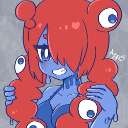 Rule 34 | 1girl, blue eyes, blue skin, breasts, bright pupils, cleavage, collarbone, colored skin, expo2025, extra eyes, grey background, grin, hair over one eye, hime ringo, long hair, medium breasts, monster girl, myaku-myaku, personification, red hair, signature, slime girl, smile, solo, upper body, white pupils