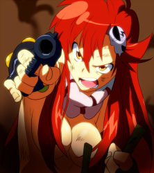 Rule 34 | 00s, 1girl, aiming, aiming at viewer, angry, at gunpoint, bad id, bad pixiv id, breasts, censored, censored nipples, cleavage, convenient censoring, fingerless gloves, gloves, gun, hair censor, hair ornament, hair over breasts, long hair, open mouth, pun2, red hair, scarf, solo, tengen toppa gurren lagann, tengen toppa gurren lagann: gurren-hen, tengen toppa gurren lagann: lagann-hen, topless, weapon, yellow eyes, yoko littner