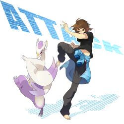 Rule 34 | 1boy, black shirt, brown eyes, brown hair, clothes around waist, creatures (company), english text, full body, game freak, gen 5 pokemon, hilbert (pokemon), jacket, jacket around waist, kicking, male focus, mienshao, nintendo, o0str0o, pokemon, pokemon (creature), pokemon bw, shirt, simple background, standing, standing on one leg, white background