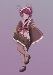 Rule 34 | 1girl, absurdres, antennae, apron, arthropod girl, black footwear, bot4700, brown kimono, brown pantyhose, closed mouth, commentary, double bun, english commentary, entoma vasilissa zeta, extra pupils, fangs, full body, hair bun, hand on own chin, highres, japanese clothes, kimono, light blush, light smile, looking at viewer, maid, maid headdress, mary janes, monster girl, overlord (maruyama), pantyhose, purple background, purple hair, red eyes, shoes, short hair, simple background, skin fangs, sleeves past wrists, smile, solo, standing, standing on one leg, white apron