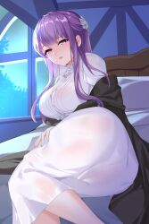 Rule 34 | 1girl, absurdres, bed, bed sheet, black cloak, blunt bangs, blush, breasts, cloak, commentary request, dress, fern (sousou no frieren), hair ornament, highres, indoors, large breasts, lingshalan, long hair, looking at viewer, lying, night, on bed, on side, open mouth, pillow, purple eyes, purple hair, sidelocks, solo, sousou no frieren, star (sky), teeth, upper teeth only, white dress, window