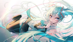 Rule 34 | 1girl, blue eyes, blue hair, grey background, hatsune miku, highres, long hair, qys3, signature, smile, twintails, vocaloid, white background