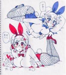 Rule 34 | 2girls, animal ears, bikini, blush, bow, bowtie, breasts, clenched hand, commentary, commentary request, cuffs, curly hair, eyebrows, fake animal ears, fingernails, fishnets, hands on bed, high heels, kusanagi tonbo, large breasts, leotard, lying, multiple girls, on side, on stomach, original, paid reward available, pantyhose, pillow, playboy bunny, rabbit ears, rabbit tail, shoes, short hair, swimsuit, tail, translation request