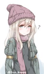 Rule 34 | 10s, 1girl, ?, arms at sides, blonde hair, blue eyes, breasts, cropped jacket, disco brando, hair between eyes, hat, kantai collection, long hair, long sleeves, looking at viewer, military, military uniform, pink hat, pink scarf, puffy long sleeves, puffy sleeves, scarf, small breasts, solo, spoken question mark, swimsuit, swimsuit under clothes, tareme, twitter username, u-511 (kancolle), uniform, upper body
