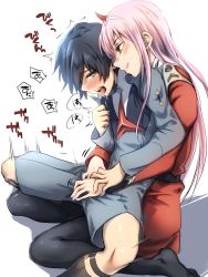 Rule 34 | 10s, 1boy, 1girl, black hair, blue eyes, blush, crotch rub, darling in the franxx, drooling, height difference, herozu (xxhrd), hiro (darling in the franxx), long hair, looking back, open mouth, pantyhose, pink hair, shorts, simple background, sitting, sitting on person, legwear garter, uniform, white background, zero two (darling in the franxx)