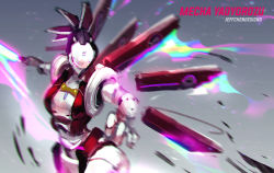 Rule 34 | 1girl, absurdres, artist name, black hair, blue eyes, boku no hero academia, breasts, character name, commentary, energy sword, english commentary, funnels (gundam), highres, holding, holding sword, holding weapon, humanoid robot, jeffrey chen, looking to the side, mechanical hair, mechanization, medium breasts, motion blur, open hand, robot, science fiction, solo, sword, weapon, yaoyorozu momo