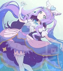 Rule 34 | 1girl, aqua eyes, brooch, clothing cutout, commentary, cure majesty, dress, ellee-chan, gloves, hair tie, half-dress, heart, highres, hirogaru sky! precure, jewelry, leaning back, long hair, looking at viewer, magical girl, medium dress, miniskirt, norwo724, precure, purple dress, purple hair, purple skirt, short sleeves, shoulder cutout, sidelocks, skirt, skirt hold, solo, standing, thighhighs, two side up, very long hair, white gloves, white thighhighs, wing brooch, wing hair ornament