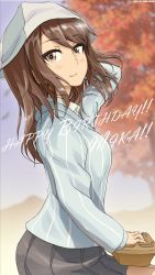 Rule 34 | 1girl, arm up, blue hat, blue shirt, blurry, blurry background, brown eyes, brown hair, character name, closed mouth, commentary, cursive, day, depth of field, english text, from side, girls und panzer, grey skirt, hand in own hair, happy birthday, hat, holding, holding instrument, instrument, kantele, keizoku school uniform, long hair, long sleeves, looking at viewer, mika (girls und panzer), miniskirt, outdoors, pleated skirt, school uniform, shirt, sitting, skirt, smile, solo, striped clothes, striped shirt, tonan leopard, tree, tulip hat, vertical-striped clothes, vertical-striped shirt