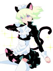 Rule 34 | 1boy, :t, animal ears, apron, ascot, blush stickers, cat boy, cat ears, cat tail, crossdressing, floating hair, green hair, highres, lio fotia, maid, maid apron, maid headdress, male focus, promare, purple eyes, short hair, simple background, solo, sparkle, tail, thighhighs, trap, unakura, white ascot, white background, white thighhighs, zettai ryouiki