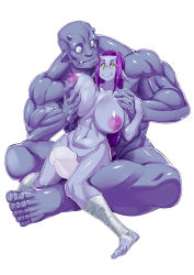 Rule 34 | 1boy, 1girl, ankle wrap, bald, blue oni, blue skin, grabbing another&#039;s breast, breasts, colored skin, couple, demon, fang, feet, grabbing, hetero, highres, horns, konakona, large breasts, monochrome, monster boy, monster girl, muscular, navel, nipples, nude, oni, orc, original, penis, pointy ears, purple hair, sitting, sitting on lap, sitting on person, smile, toeless legwear, toes, uncensored, yellow eyes