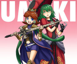 Rule 34 | 2girls, blue eyes, breasts, brown hair, byleth (female) (fire emblem), byleth (fire emblem), cape, coat, cosplay, costume switch, crown, dress, earrings, expressionless, fire emblem, fire emblem: three houses, flower earrings, frilled dress, frills, green eyes, green hair, grin, jewelry, knife, legs, looking at viewer, mario (series), midriff, multiple girls, navel, nintendo, open mouth, princess daisy, puffy short sleeves, puffy sleeves, red dress, short hair, short sleeves, shorts, smile, super mario bros. 1, super mario land, super smash bros., sword, tomboy, umbrella, weapon