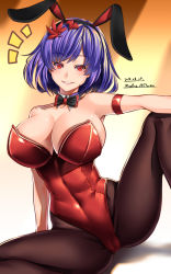 Rule 34 | 1girl, animal ears, arm support, bare shoulders, blue hair, bow, bowtie, breasts, cameltoe, collar, commentary request, covered navel, dated, detached collar, fake animal ears, large breasts, leaf, leotard, lips, maple leaf, mitama mudimudi, pantyhose, playboy bunny, red eyes, ribbon, shadow, short hair, signature, smile, thighs, touhou, yasaka kanako