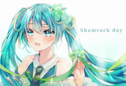 Rule 34 | 1girl, :d, aryuma772, black necktie, blue eyes, blue hair, blue nails, blush, clover, detached sleeves, green ribbon, hair between eyes, hair ornament, hatsune miku, highres, long hair, long sleeves, nail polish, necktie, open mouth, ribbon, shamrock, simple background, smile, solo, twintails, upper body, very long hair, vocaloid, white background, white sleeves, wing collar