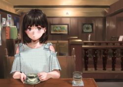 Rule 34 | 1girl, bad id, bad twitter id, blouse, blue shirt, blush, bob cut, booth seating, brown hair, chair, clothing cutout, cup, drinking glass, holding, indoors, kamiyama aya, original, picture frame, plate, saucer, shirt, short hair, shoulder cutout, sitting, solo, teacup