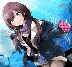 Rule 34 | 1girl, :d, air bubble, animal, aquarium, black shirt, blue jacket, blue scarf, blue shorts, blush, breasts, brown eyes, brown hair, bubble, cellphone, cleavage, fingernails, fish, fringe trim, fur-trimmed shorts, fur trim, grey pantyhose, heart, holding, holding phone, idolmaster, idolmaster shiny colors, jacket, jewelry, long hair, long sleeves, looking at viewer, morina nao, nail polish, open clothes, open jacket, open mouth, osaki amana, pantyhose, pendant, phone, pointing, puffy long sleeves, puffy sleeves, red nails, scarf, shirt, short shorts, shorts, sleeves past wrists, small breasts, smile, solo, very long hair, water, white jacket