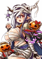 Rule 34 | 1girl, antenna hair, bandages, black hair, blush, bow, breasts, claw pose, commentary, danua, doll, draph, granblue fantasy, gretel (granblue fantasy), hair between eyes, halloween, hansel (granblue fantasy), horn ornament, horns, jack-o&#039;-lantern, large breasts, long hair, looking at viewer, open mouth, pointy ears, red bow, red eyes, sitting, sketch, star (symbol), unname, white background