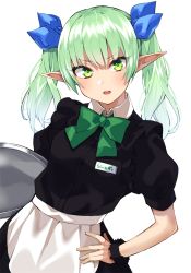 Rule 34 | 1girl, apron, black shirt, black skirt, blue ribbon, bow, collared shirt, elf, gomashi (goma), green bow, green eyes, green hair, hair ribbon, hand on own hip, holding, holding tray, long hair, looking at viewer, name tag, open mouth, original, pointy ears, puffy short sleeves, puffy sleeves, ribbon, shirt, short sleeves, sidelocks, simple background, skirt, solo, teeth, translation request, tray, twintails, upper teeth only, v-shaped eyebrows, waist apron, white apron, white background