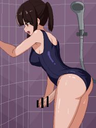 Rule 34 | 1girl, aliasing, animated, animated gif, armpits, ass, bar censor, bare arms, bare shoulders, blue one-piece swimsuit, blush, bouncing breasts, breasts, brown eyes, brown hair, censored, cowboy shot, cum, cum on wall, ejaculation, female focus, from side, futanari, large breasts, large penis, leaning forward, legs together, lowres, masturbation, one-piece swimsuit, open mouth, original, penis, pixel art, pointless censoring, ponytail, profile, school swimsuit, shiwa kou, shower (place), shower head, sideways mouth, solo, standing, swimsuit, tall female, tareme, thighs, tile floor, tile wall, tiles, tongue, tongue out, ugoira