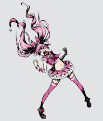Rule 34 | 10s, 1girl, ankle boots, boots, bow, choker, cure melody, frilled skirt, frills, full body, glowing, glowing eyes, grey background, hairband, heart, houjou hibiki, long hair, magical girl, midriff, namaco, open mouth, pink bow, pink hair, pink theme, pink thighhighs, precure, screaming, simple background, skirt, solo, suite precure, thighhighs, toei animation, twintails, wrist cuffs, zettai ryouiki