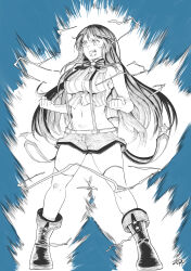 Rule 34 | 1girl, absurdres, aura, back bow, bare shoulders, bow, bowtie, breasts, breasts apart, clenched hands, commentary, cropped shirt, electricity, english commentary, fold-over boots, greyscale with colored background, high collar, highres, hip vent, hololive, legs apart, official alternate hair length, official alternate hairstyle, oozora subaru, oozora subaru (work), open mouth, pinstripe pattern, pinstripe shirt, powering up, shirt, short shorts, shorts, signature, sleeveless, sleeveless shirt, solo, striped clothes, striped shirt, suspenders, swept bangs, thighhighs, vertical-striped clothes, vertical-striped shirt, virtual youtuber, zero (muftisaili)