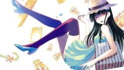 Rule 34 | 10s, 1girl, black hair, box, candy, candy cane, dress, food, hat, high heels, highres, long hair, one eye closed, open mouth, red eyes, sanka rea, sankarea, simple background, solo, sun hat, sundress, thighhighs, zenvo, zettai ryouiki