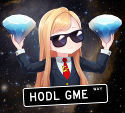 Rule 34 | 1girl, alternate costume, artist name, black-framed eyewear, black jacket, blonde hair, born-to-die, buttons, child, closed mouth, collared shirt, crystal, diamond (gemstone), english text, female focus, flat chest, formal, galaxy, gamestop, gelbooru, gelbooru-tan, hands up, highres, holding, jacket, logo, long hair, long sleeves, necktie, red necktie, road sign, shirt, sidelocks, sign, signature, solo, space, sparkle, star (sky), suit, sunglasses, swept bangs, typo, upper body, white shirt