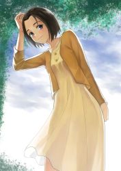 Rule 34 | 1girl, bad id, bad pixiv id, black eyes, black hair, blush, brown hair, day, dress, hand on own head, hand up, highres, long sleeves, morinome shinako, outdoors, reiquant, short hair, solo, standing, yellow dress, yesterday wo utatte