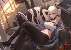 Rule 34 | 1girl, absurdres, alcohol, animal skull, arm belt, armpits, arms behind head, arms up, azur lane, bandaged arm, bandages, bare shoulders, belt, black footwear, black pants, boots, bottle, breasts, buckle, case, chair, cleavage, collar, crop top, crossed legs, cuffs, cup, desert eagle, drinking glass, female focus, gun, hair between eyes, hair flowing over, handcuffs, handgun, highres, lantern, large breasts, long hair, looking at viewer, midriff, mole, mole on stomach, mole under eye, multiple straps, navel, nekojira, pants, police badge, reclining, red eyes, revision, scar, shirt, sidelocks, silver hair, sleeveless, sleeveless shirt, smile, snap-fit buckle, solo, sovetskaya rossiya (azur lane), sovetskaya rossiya (the lackadaisical lookout) (azur lane), stomach, very long hair, vodka, weapon, white shirt, window shadow, wine bottle
