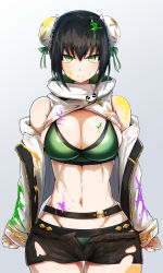 Rule 34 | 1girl, bikini, bikini under clothes, black hair, breasts, bun cover, double bun, fate/grand order, fate (series), gin moku, gradient background, green eyes, hair bun, highres, large breasts, off-shoulder jacket, off shoulder, paint splatter, qin liangyu (chainsaw of the dead) (fate), qin liangyu (fate), short shorts, shorts, solo, swimsuit, torn clothes, torn shorts